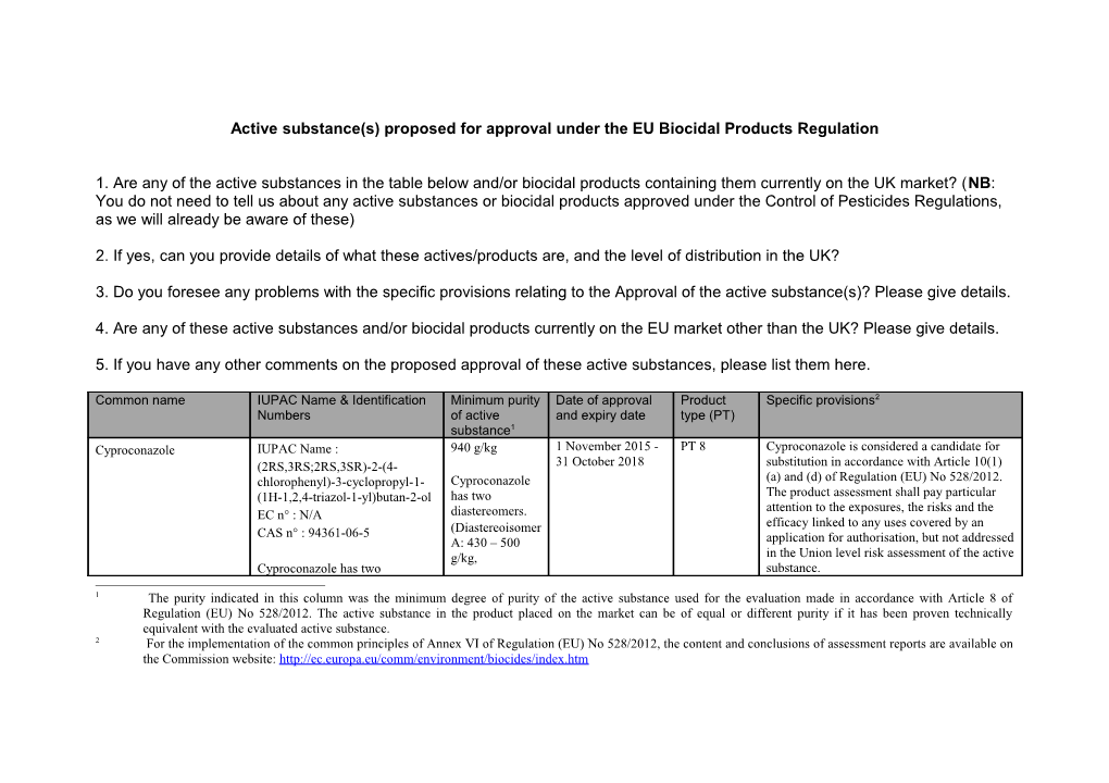 Active Substance(S) Proposed for Inclusion in Annex I of the Biocidal Products Directive