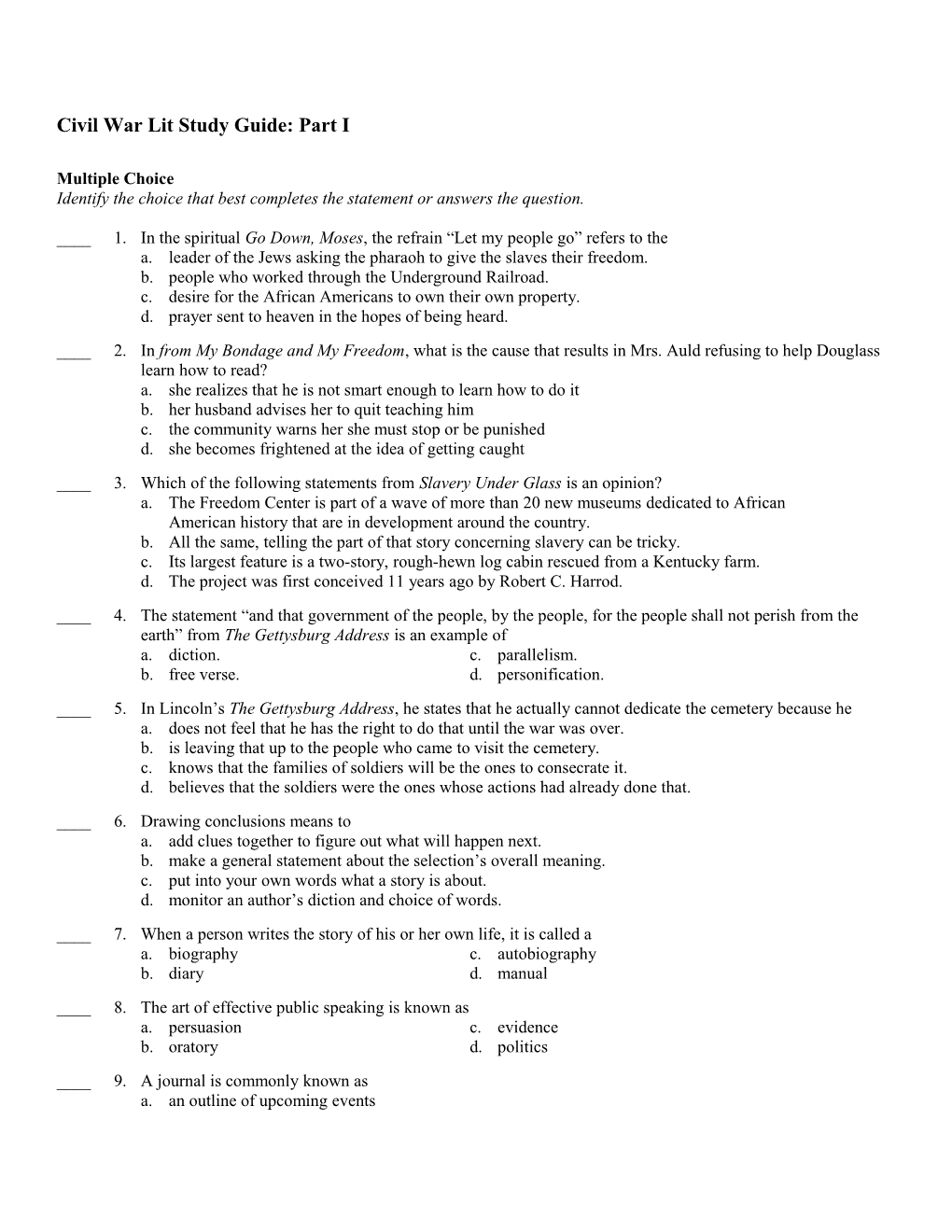 Civil War Lit Study Guide: Part I