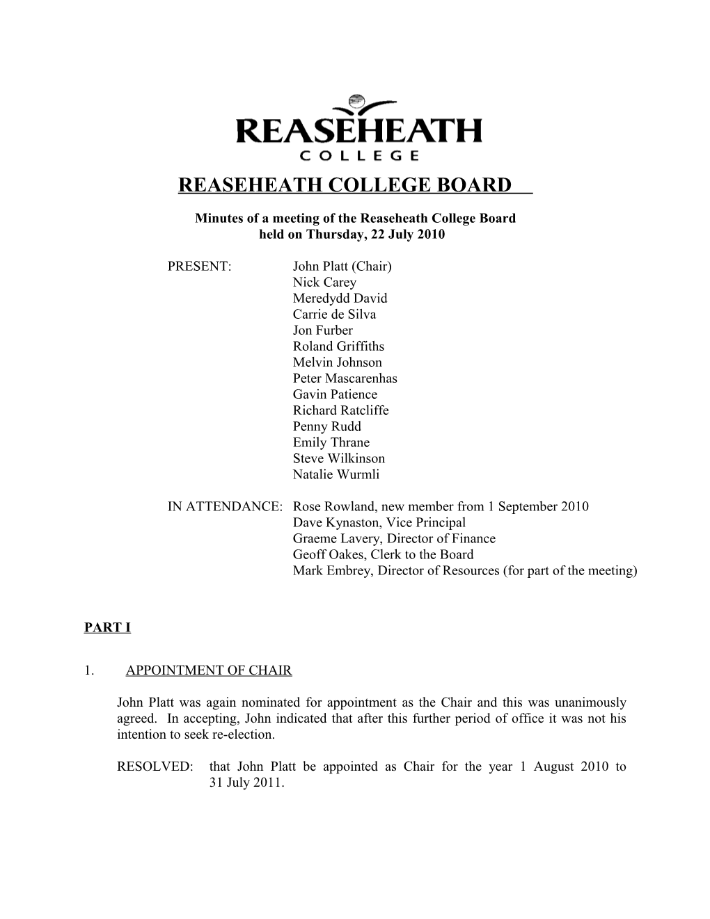 Minutes of a Meeting of the Reaseheath College Board