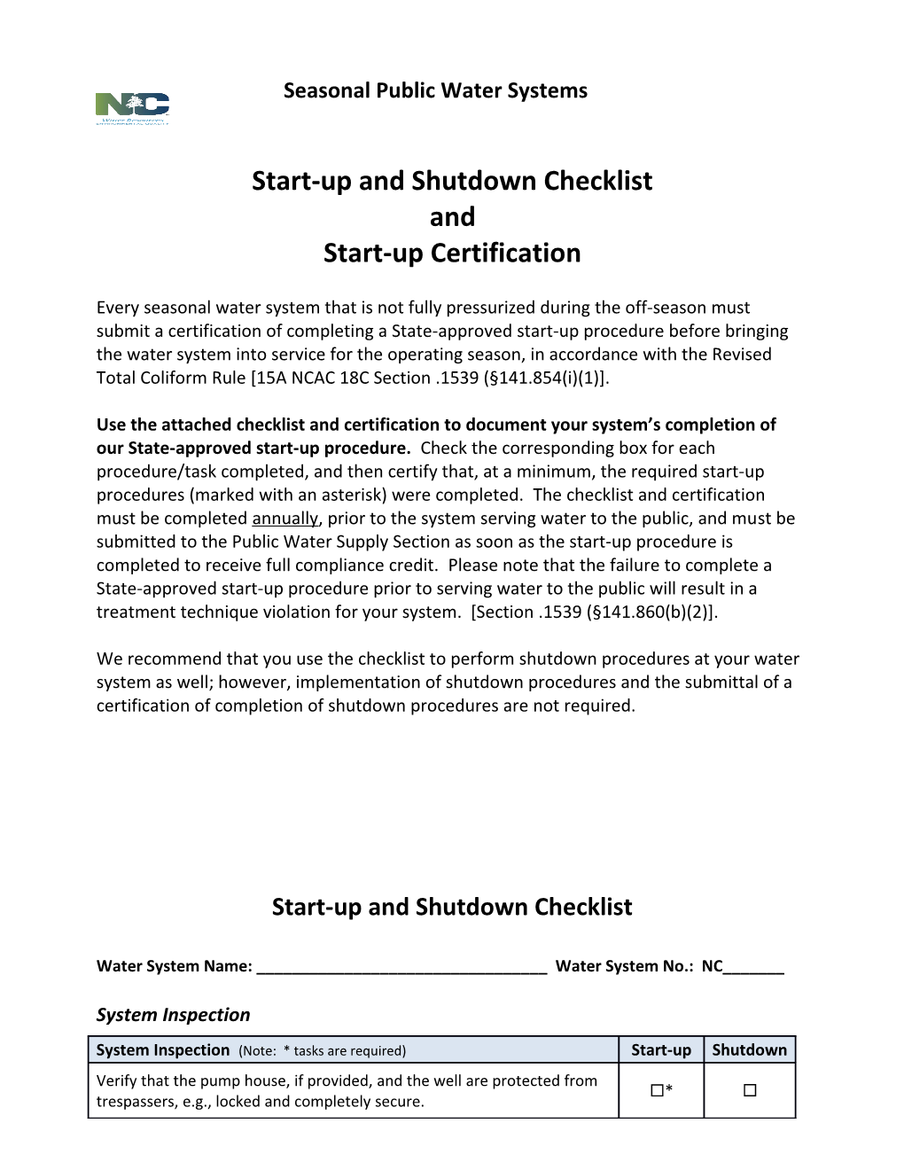 Start-Up and Shutdown Checklist