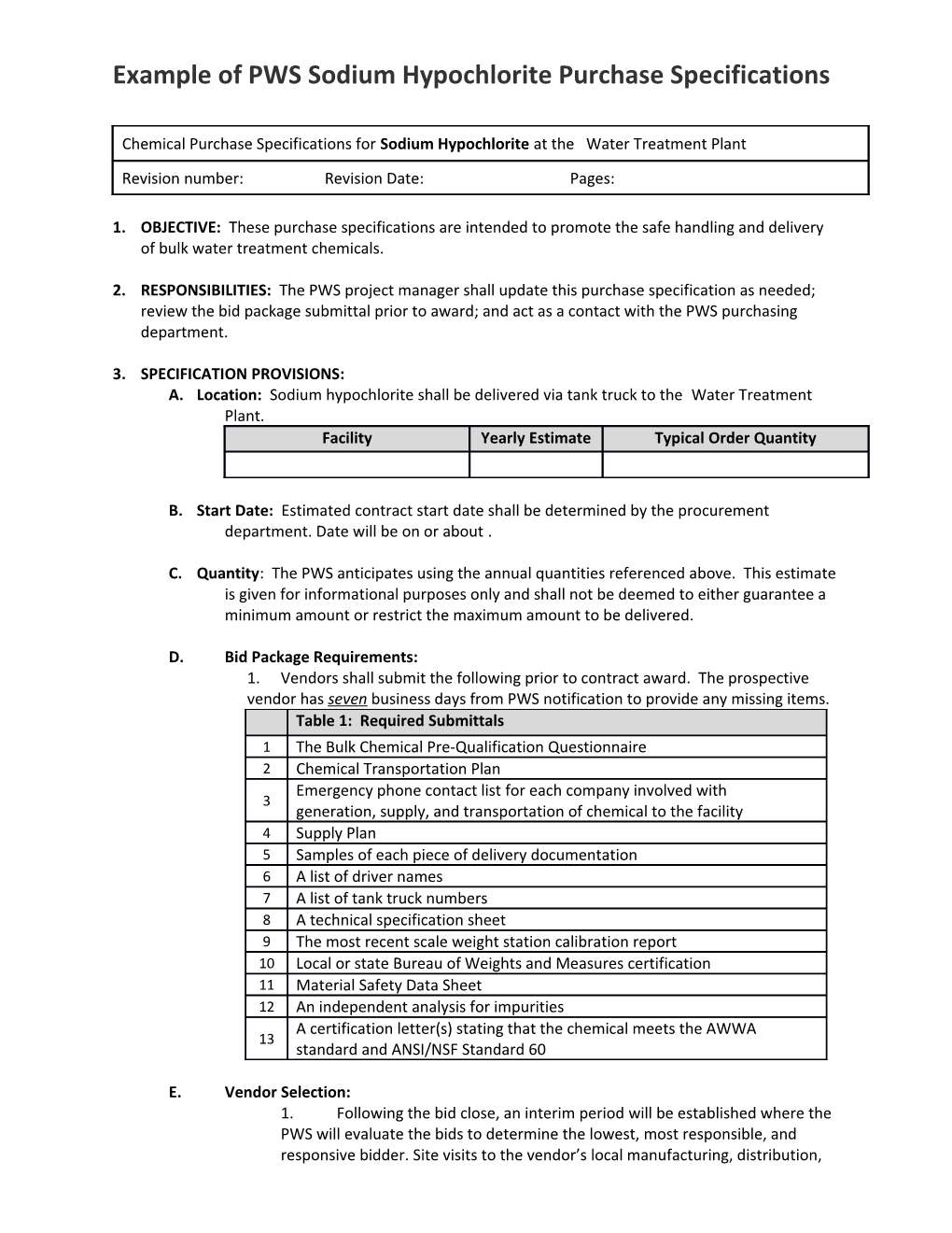 Example of PWS Sodium Hypochlorite Purchase Specifications