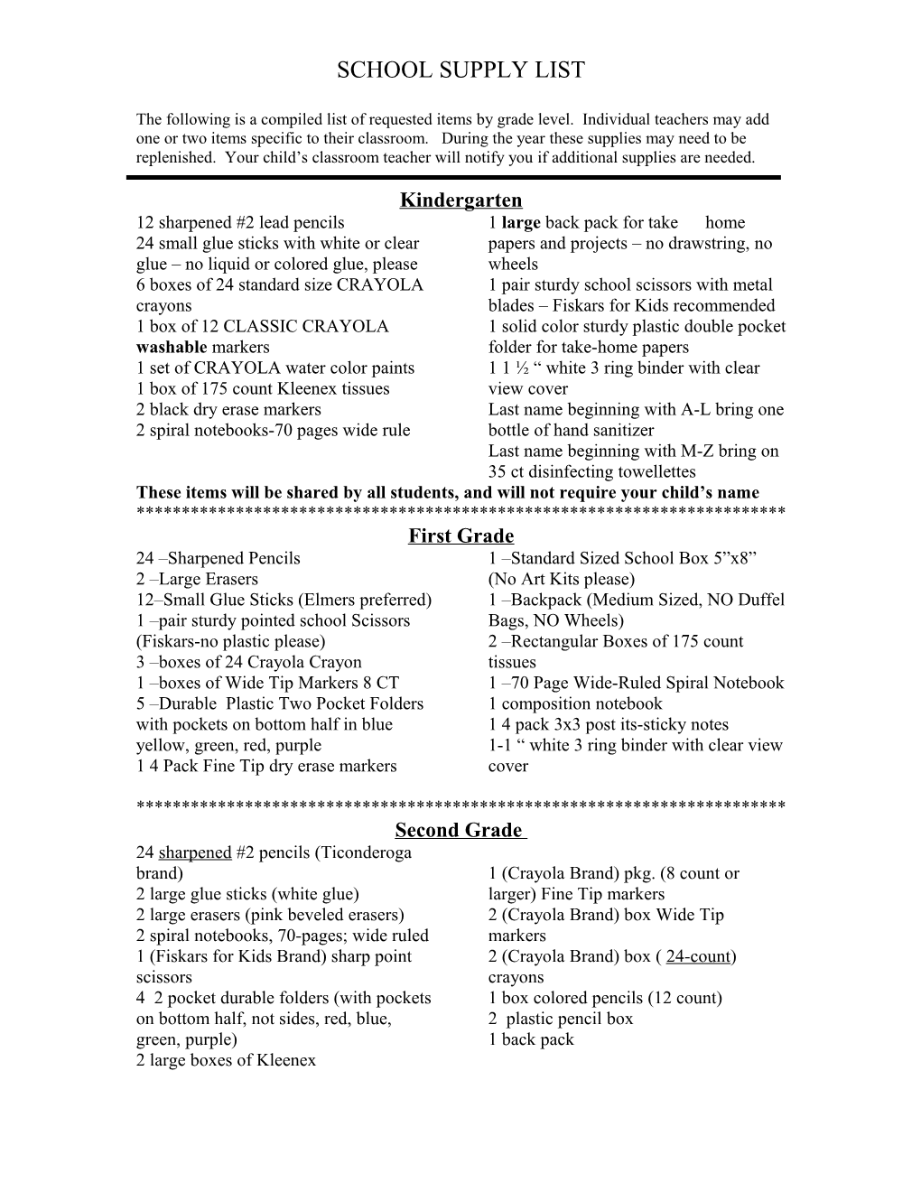Johnston Elementary Schools Supply Lists
