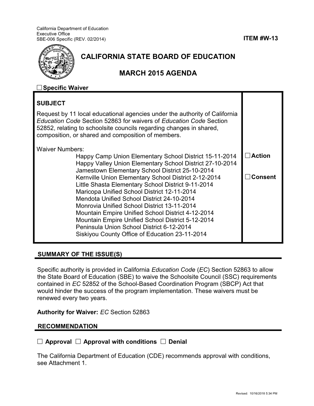 March 2015 Waiver Item W-13 - Meeting Agendas (CA State Board of Education)