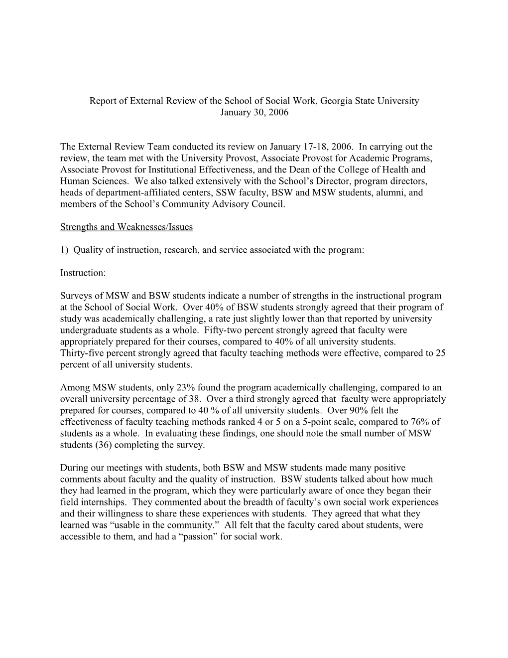 Report of External Review of the School of Social Work, Georgia State University