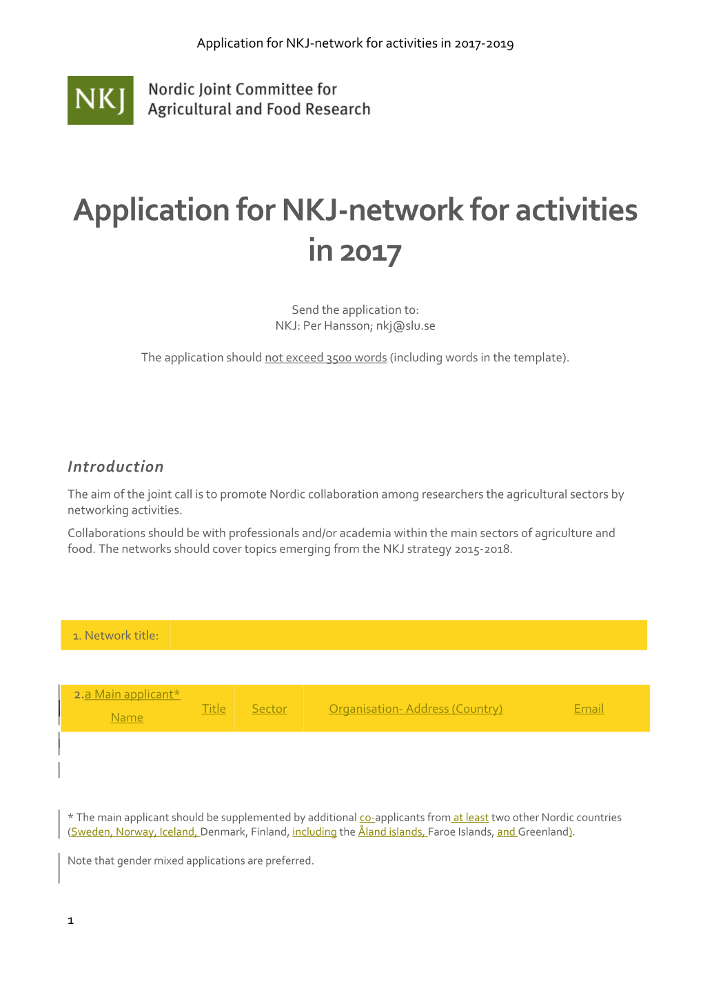 Application for NKJ-Network for Activities in 2017-2019