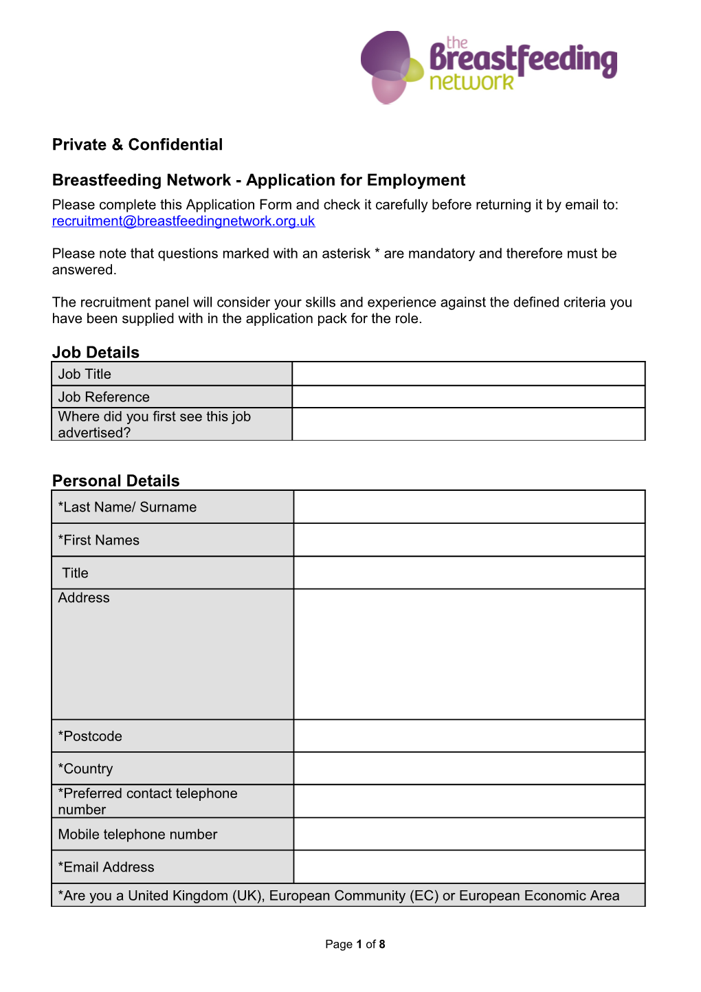 Breastfeeding Network - Application for Employment
