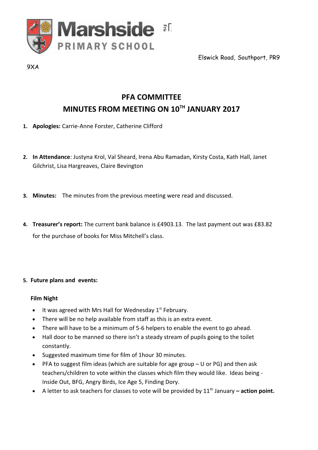 Minutes from Meeting on 10Thjanuary 2017