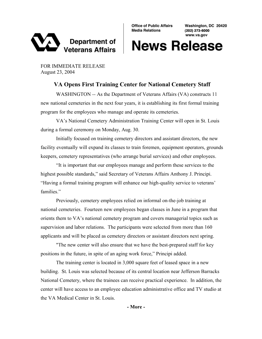 VA Opensfirsttrainingcenter for Nationalcemetery Staff
