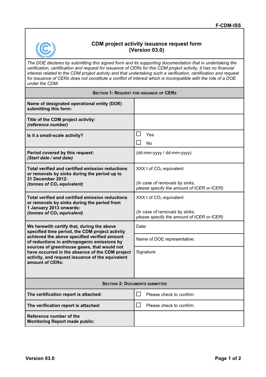 F-CDM-ISS: CDM Project Activit Issuance Request Form. Version 03.0