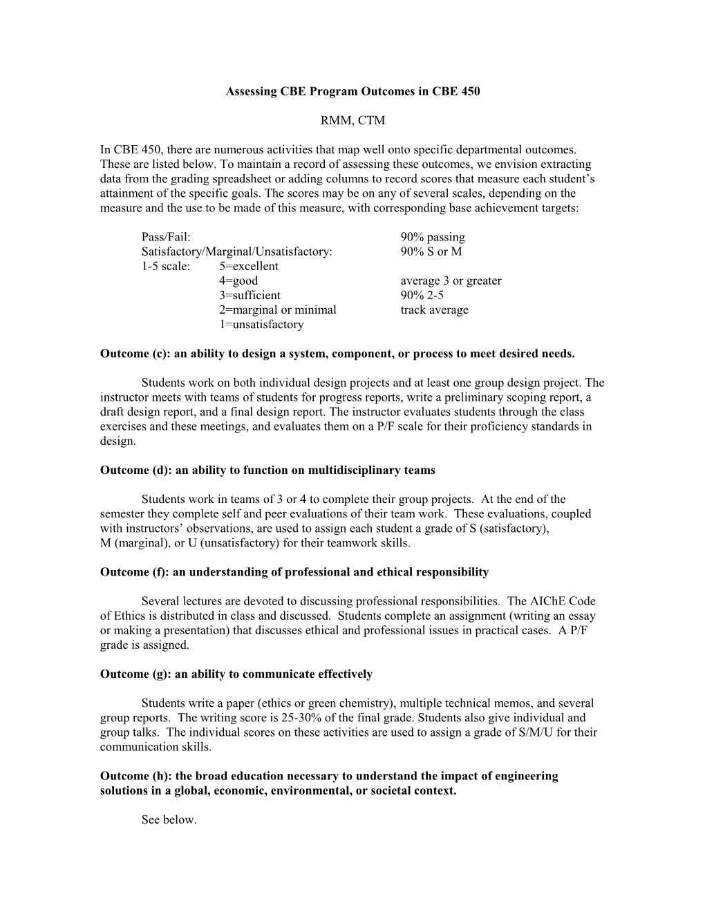 Assessing CBE Program Outcomes in CBE 250