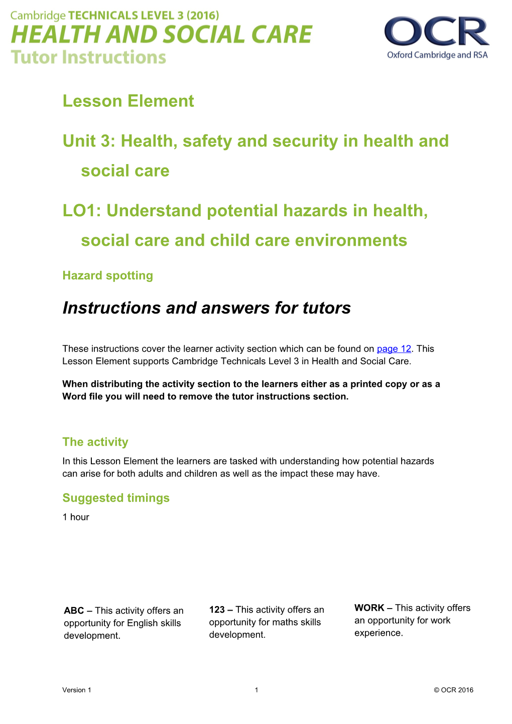 Cambridge Technicals Level 3 Health and Social Care U03 Lesson Element 1