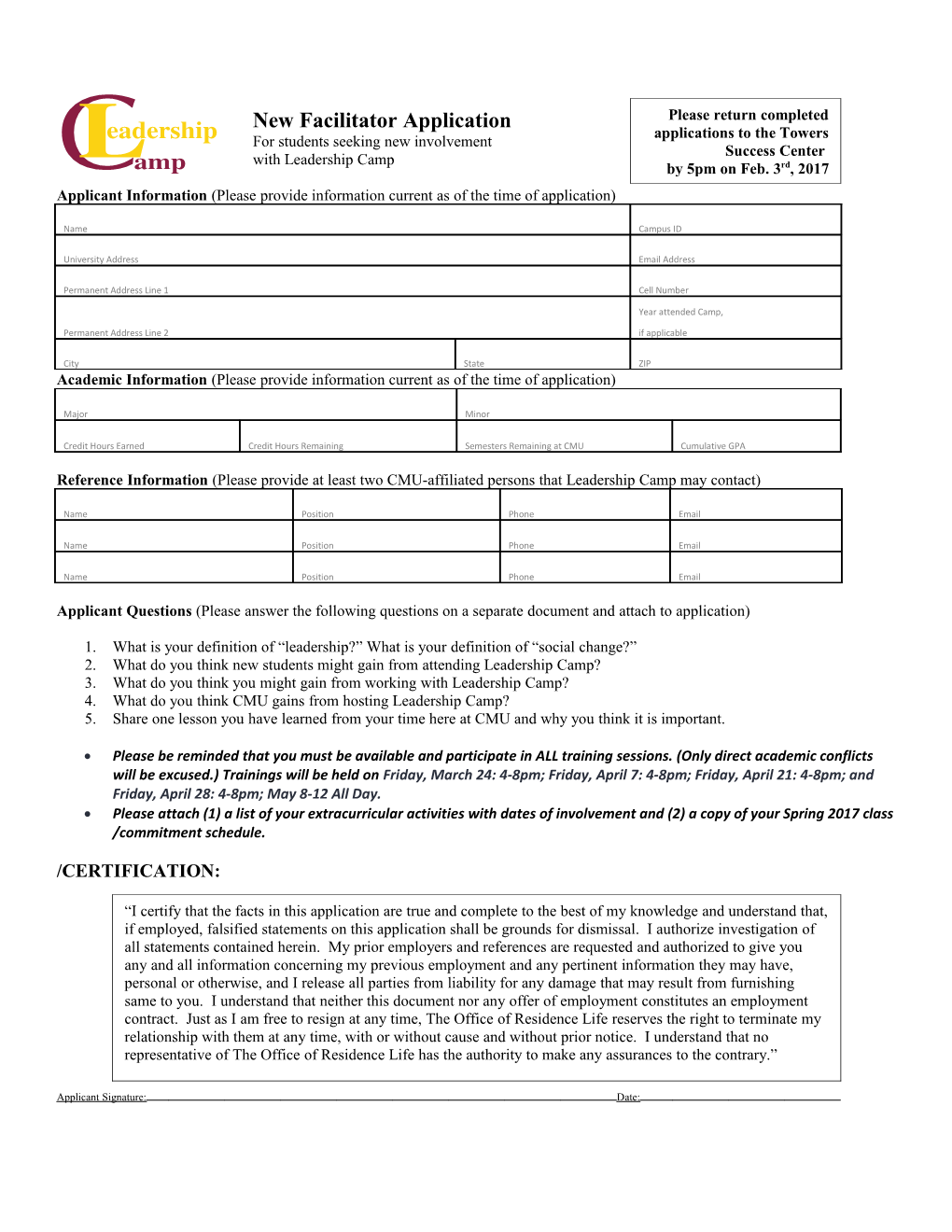 Leadership Camp Facilitator Application and Background Sheet