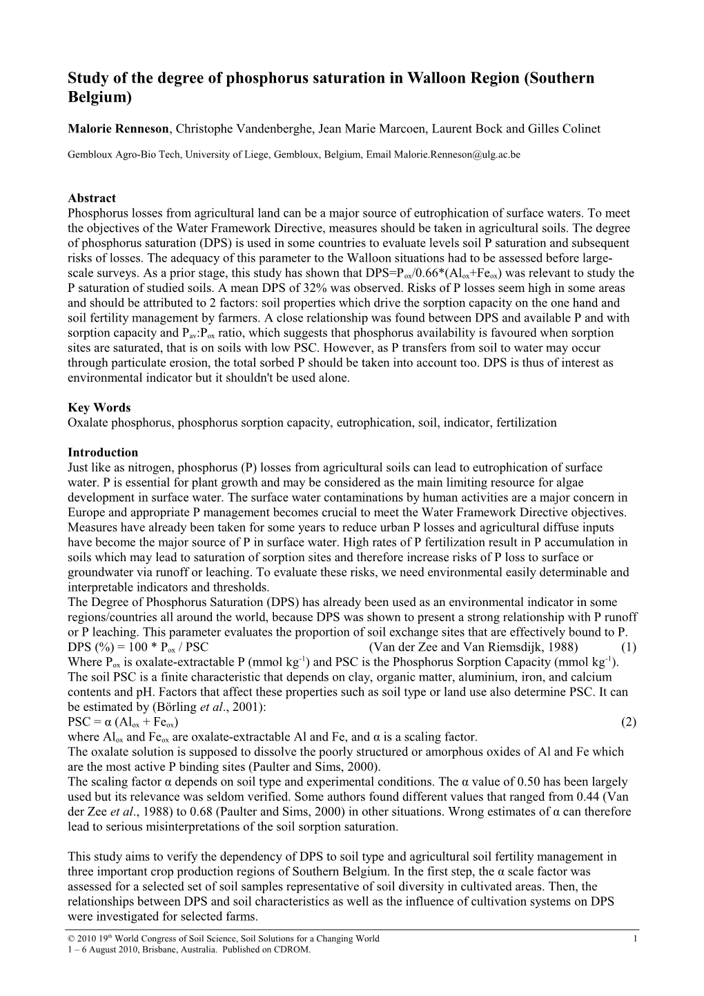 Study of the Degree of Phosphorus Saturation in Walloon Region (Southern Belgium)