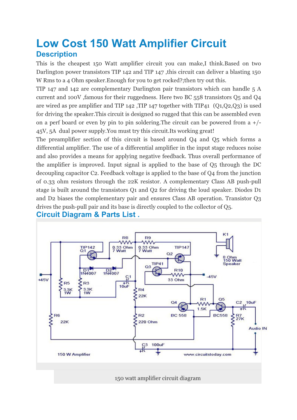 Low Cost 150 Watt Amplifier Circuit