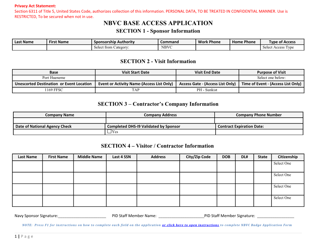 NBVC Access List Application Form