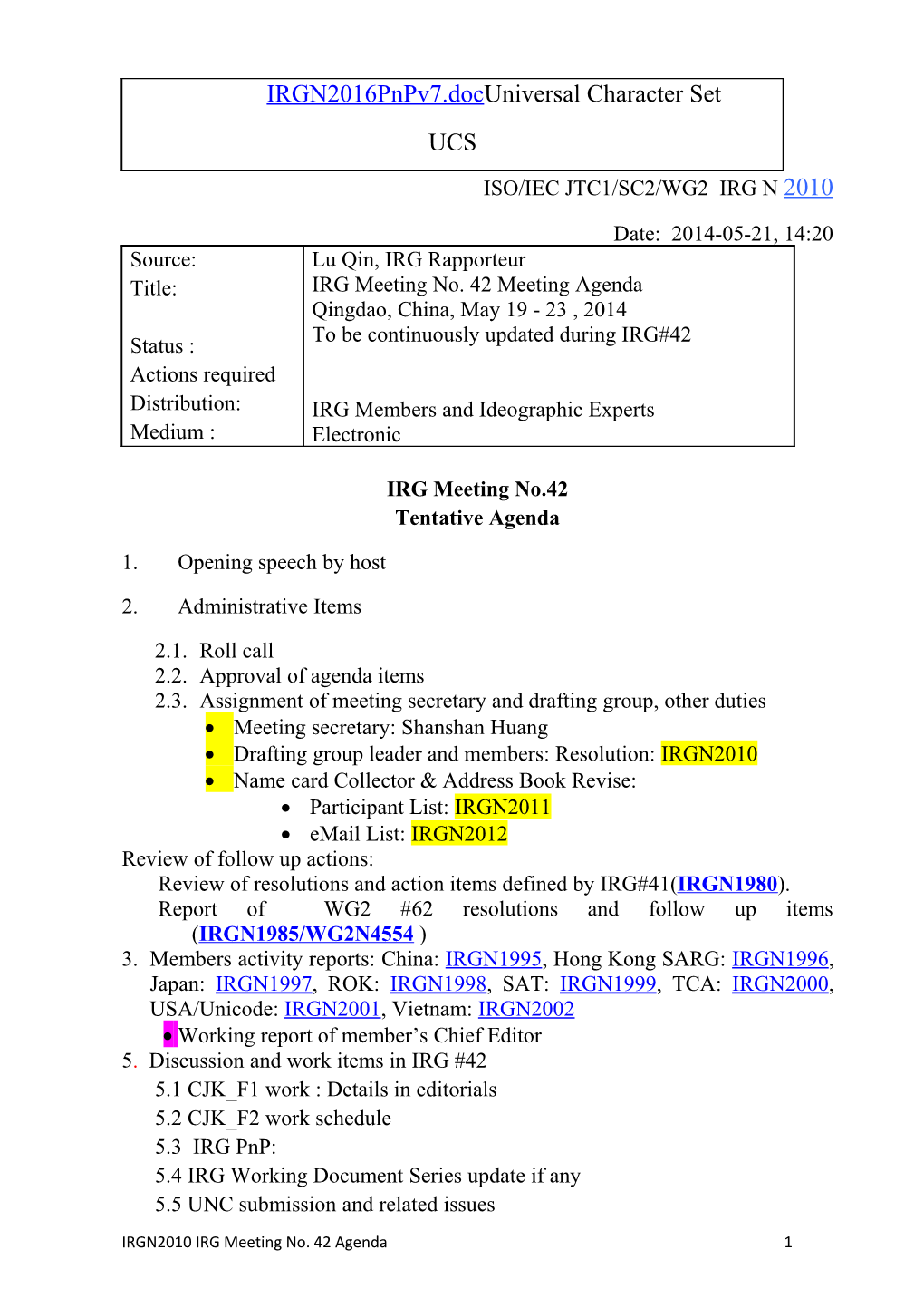 Iso/Iec Jtc1/Sc2/Wg2 Irg N 2010