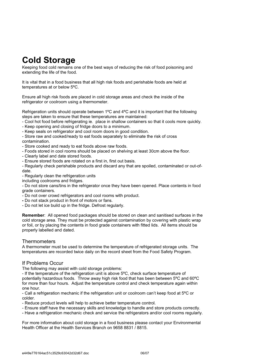 Cool Storage Procedures