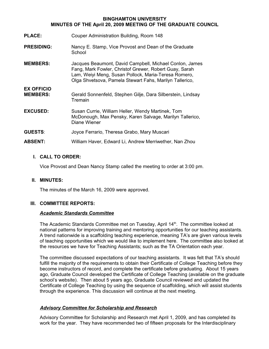 MINUTES of the April 20, 2009MEETING of the GRADUATE COUNCIL