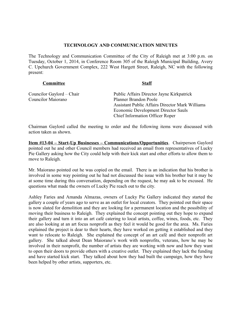 Technology and Communication Committee Minutes - 10/01/2014