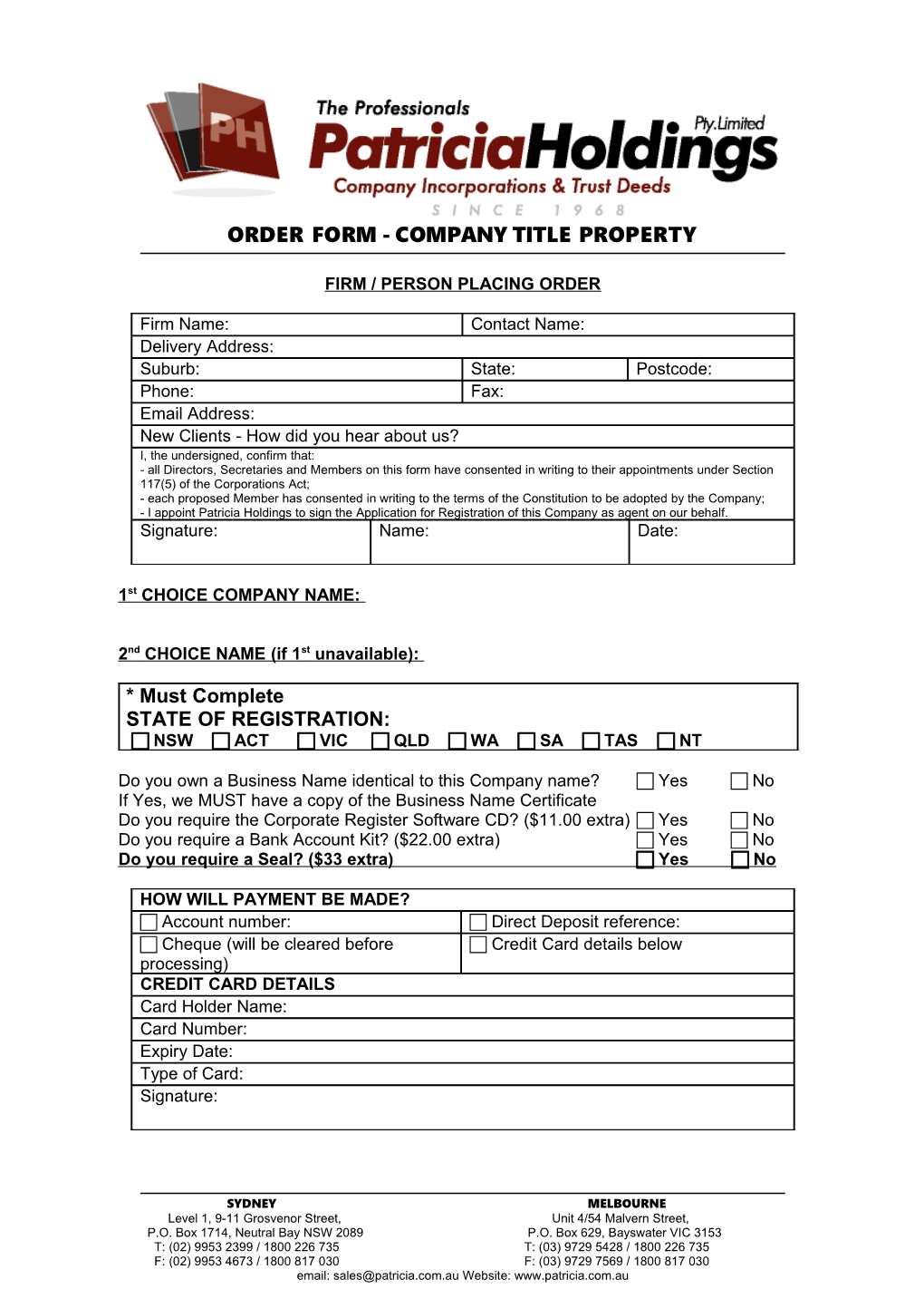 Order Form - Company Title Property