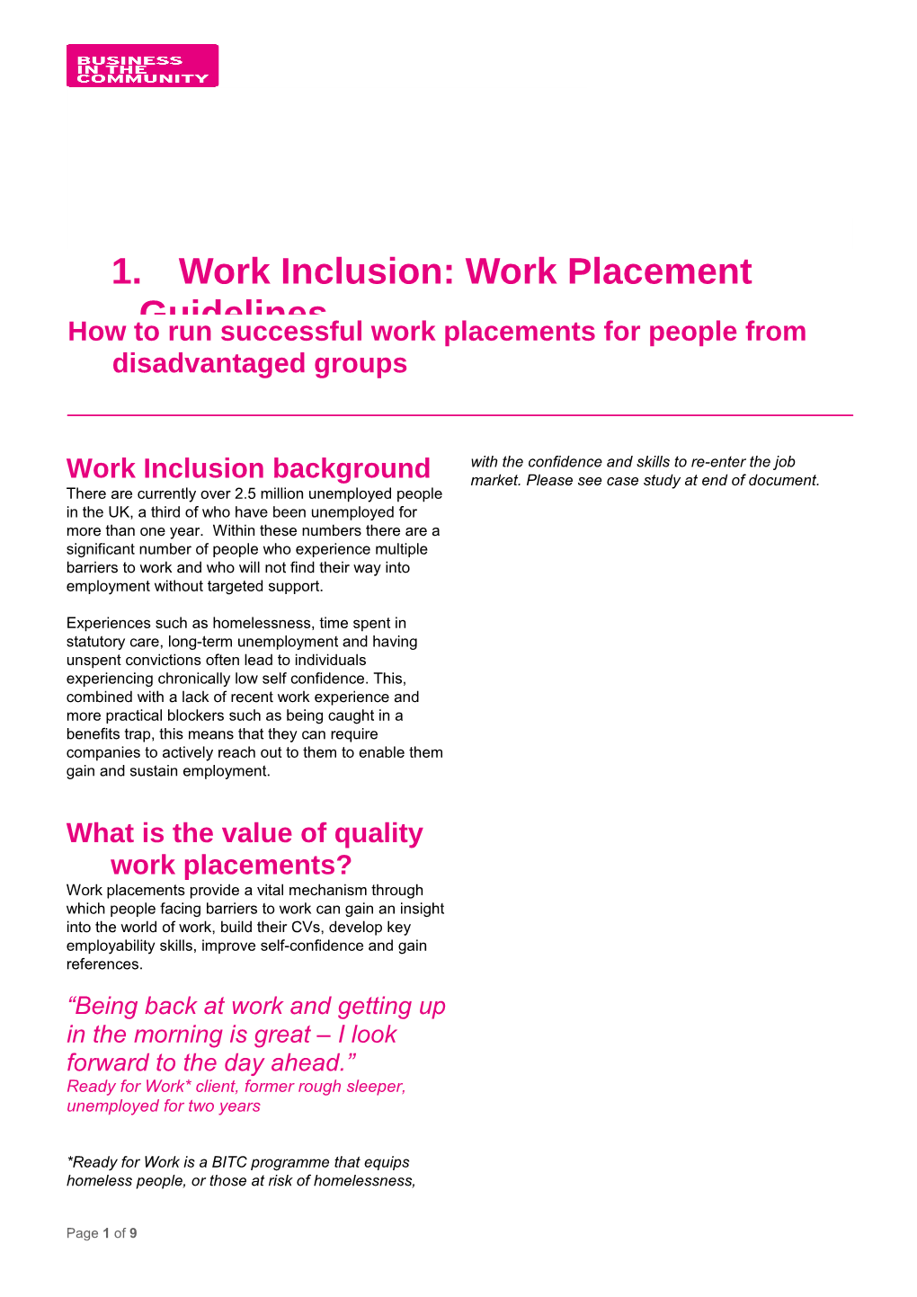 Work Inclusion: Work Placement Guidelines