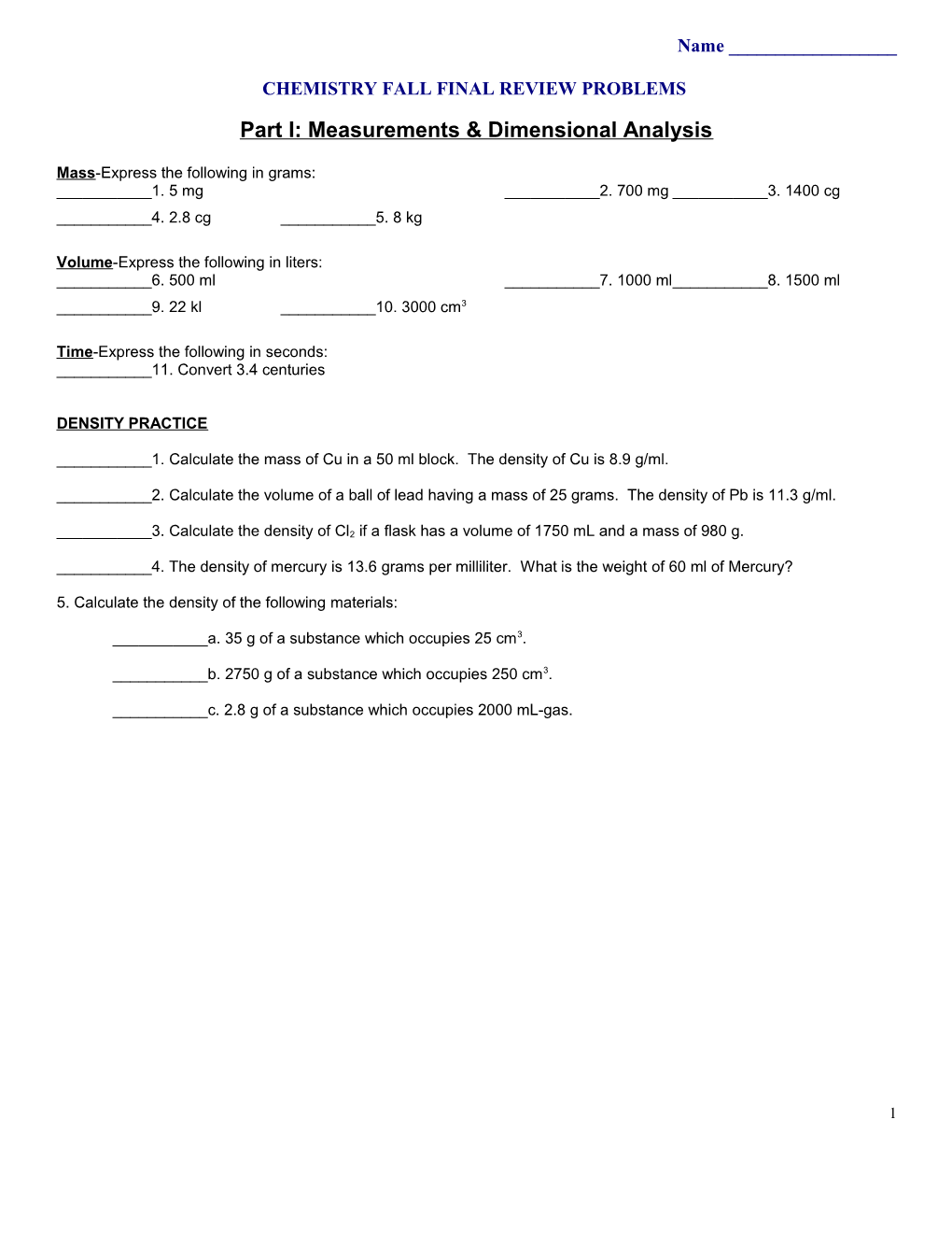 Chemistry Fall Final Review Problems 2015