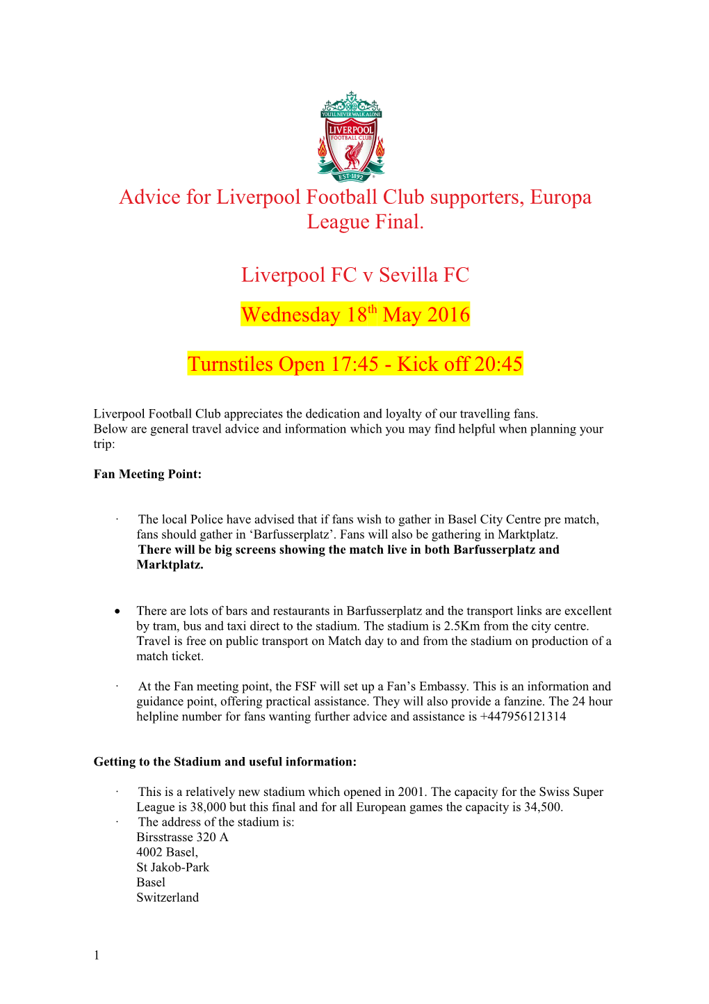 Advice for Liverpool Football Club Supporters, Europa League Final