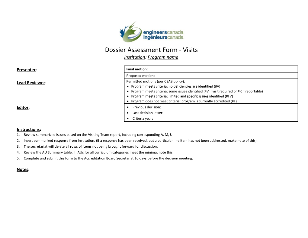 Dossier Assessment Form