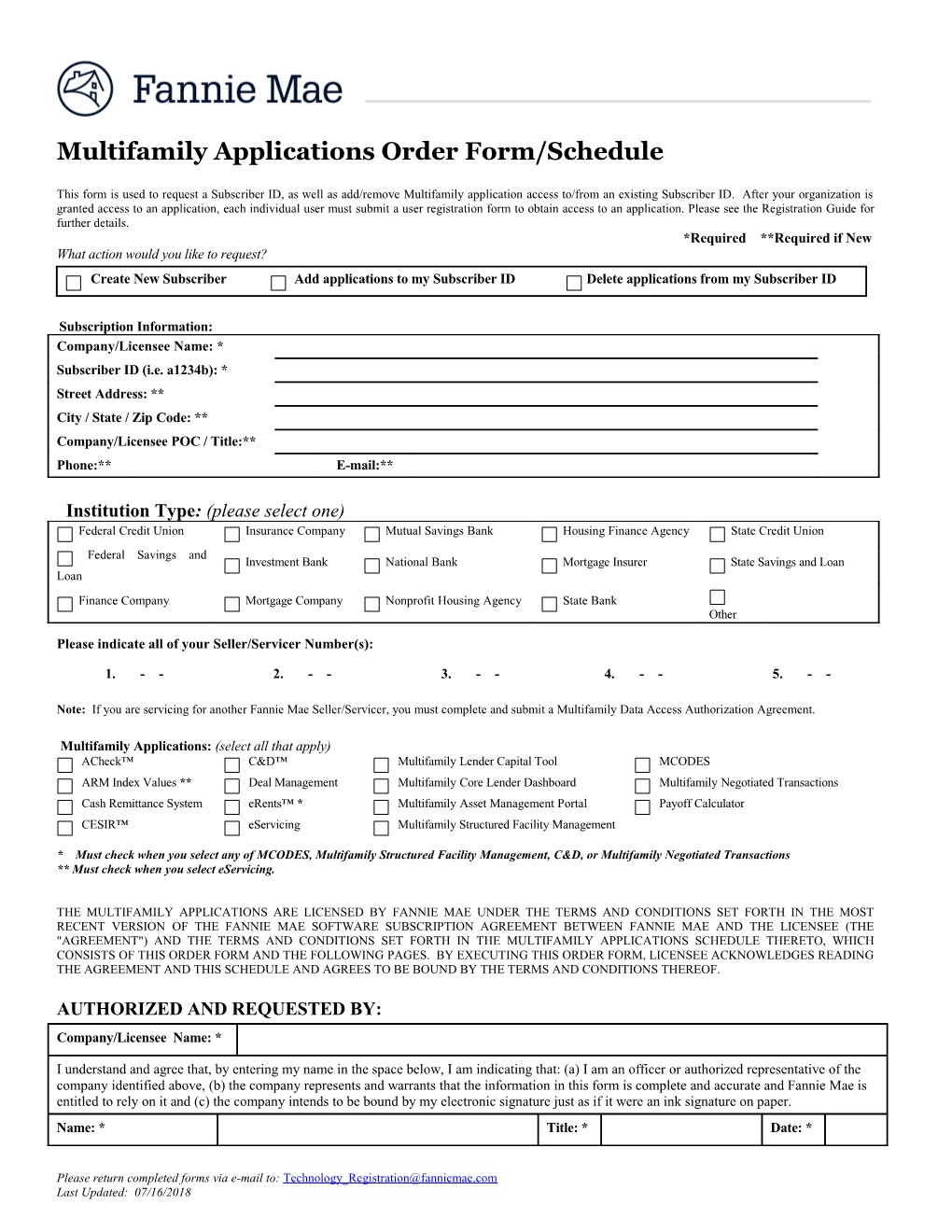 Multifamily Applications Order Form/Schedule