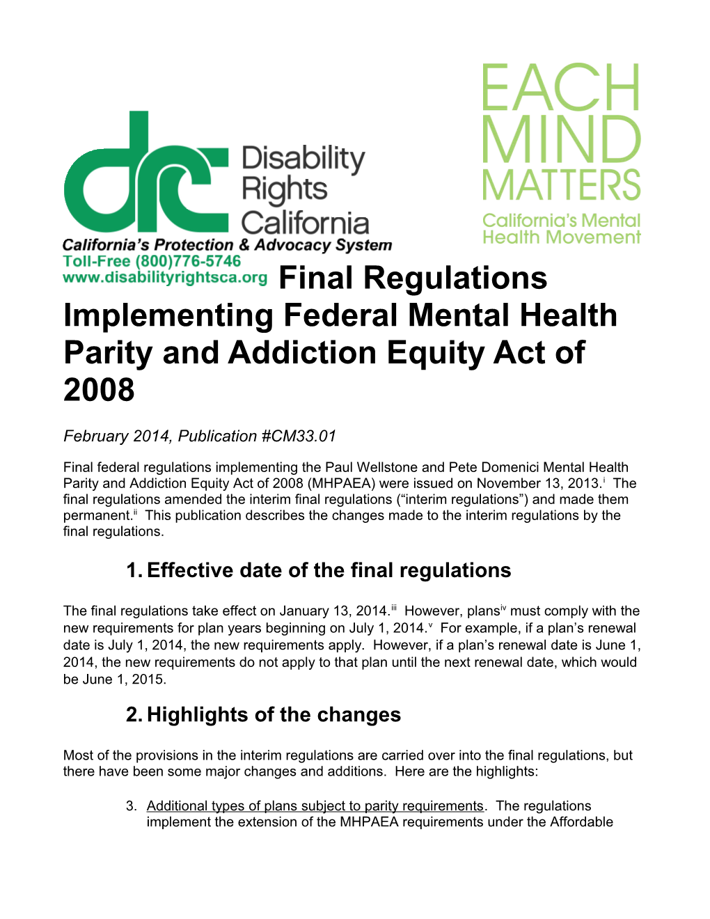 Final Regulations Implementing Federal Mental Health Parity and Addiction Equity Act of 2008