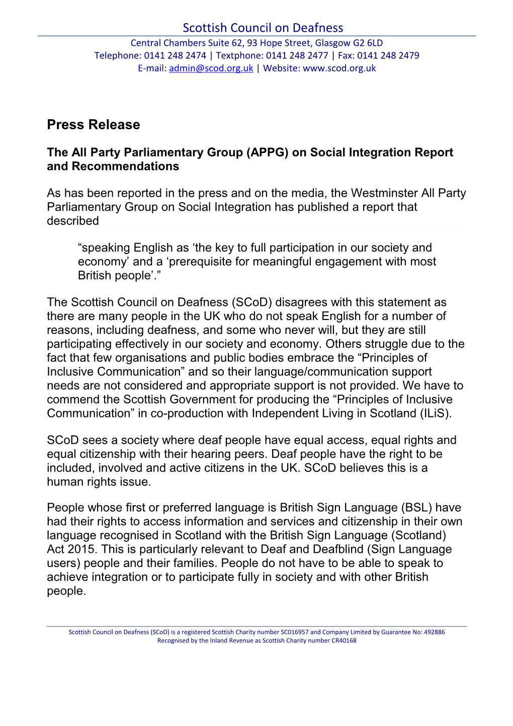 The All Party Parliamentary Group (APPG) on Social Integration Report and Recommendations