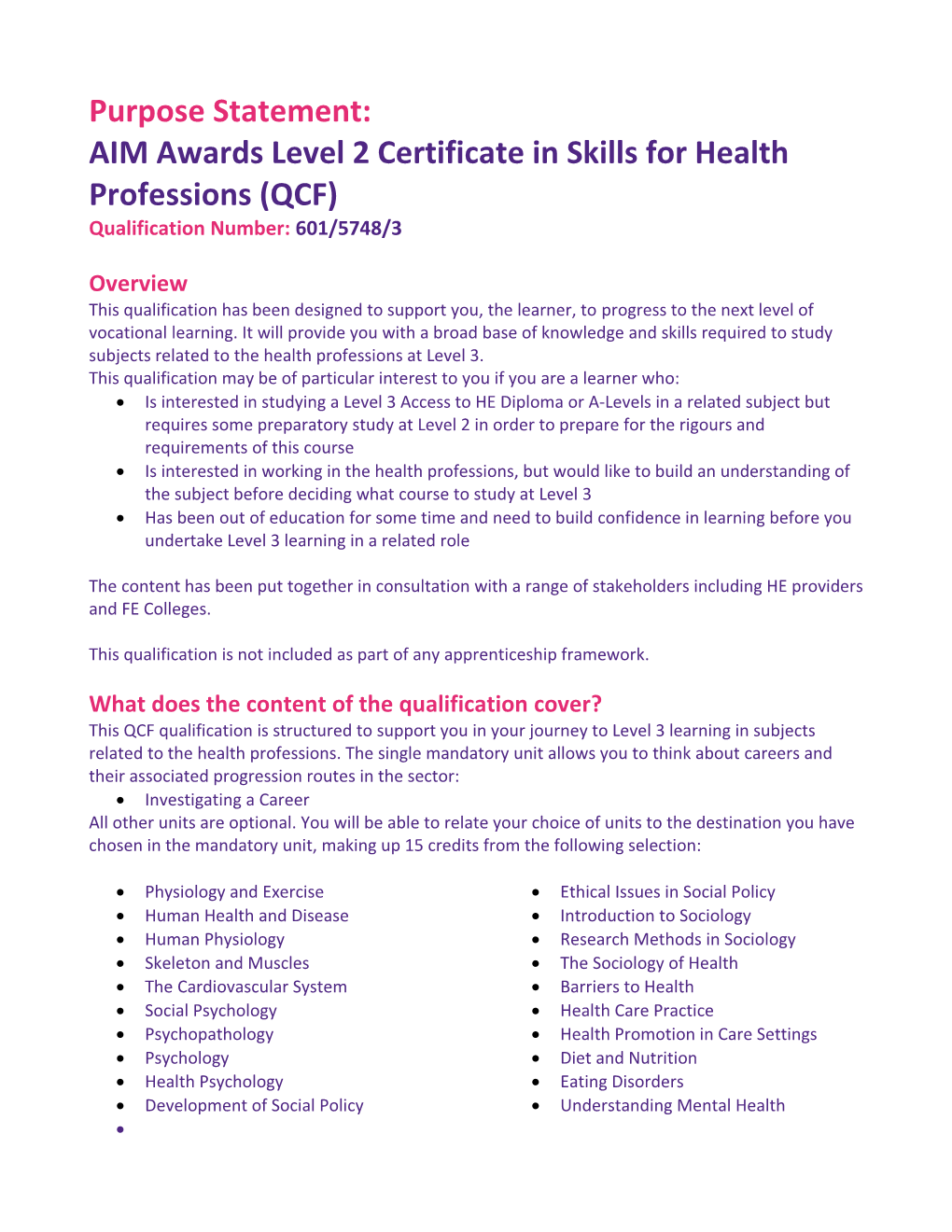 AIM Awards Level 2 Certificate in Skills for Health Professions (QCF)