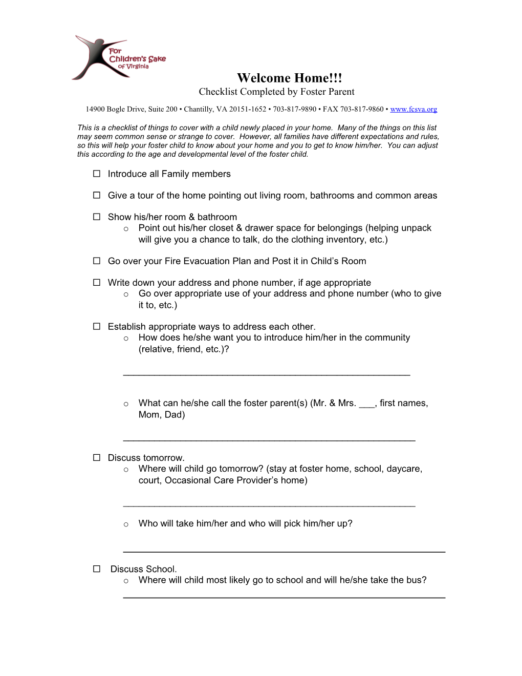 Checklist Completed by Foster Parent