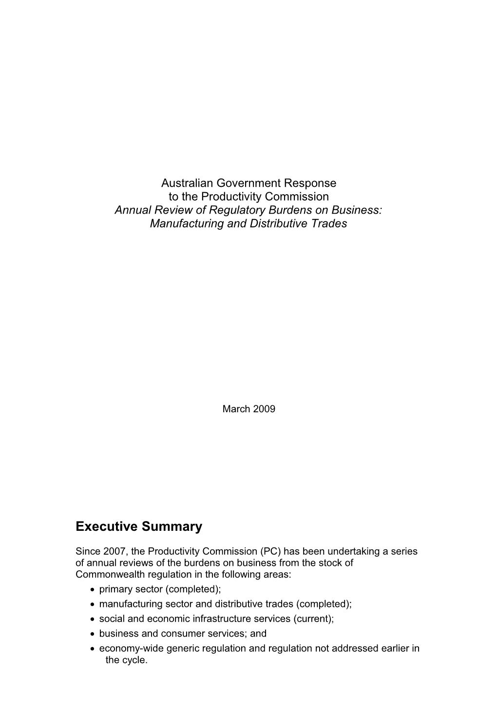 Australian Government Response to the Productivity Commission Annual Review of Regulatory