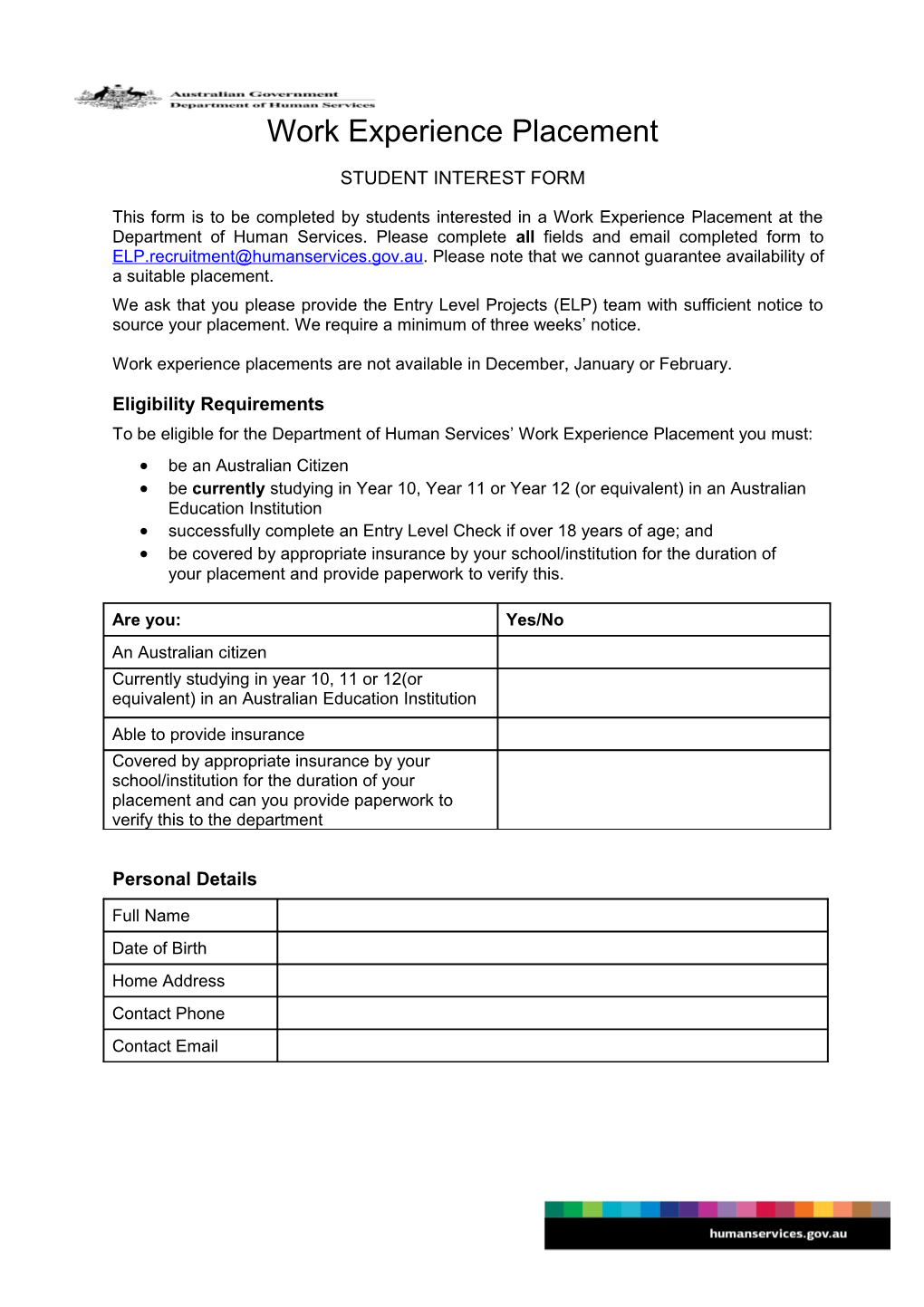 Work Experience Placement Form