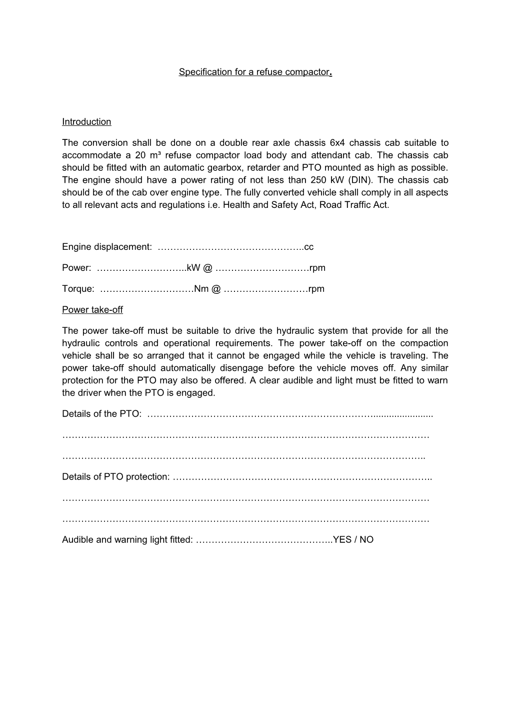 Specification for a Refuse Compactor