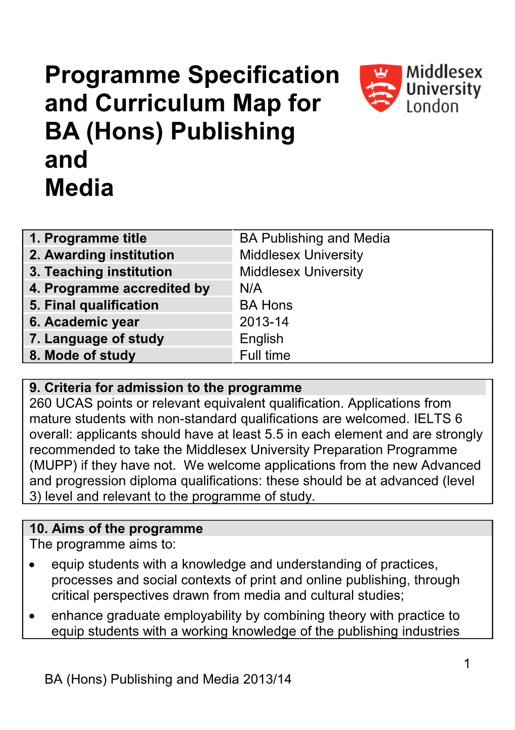 Programme Specification and Curriculum Map for BA (Hons) Publishing And