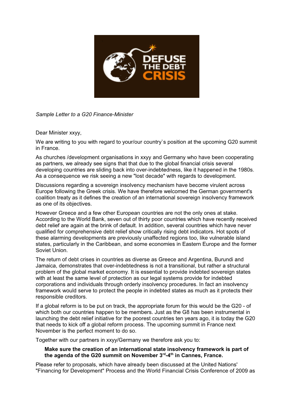 Sample Letter to a G20 Finance-Minister