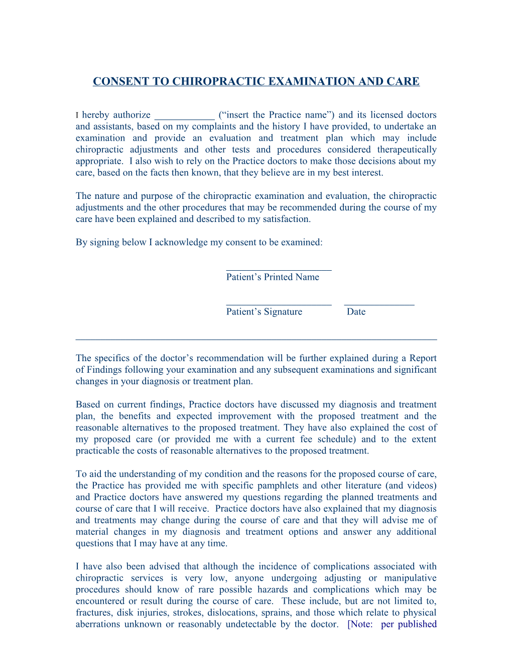 Consent to Chiropractic Examination and Care