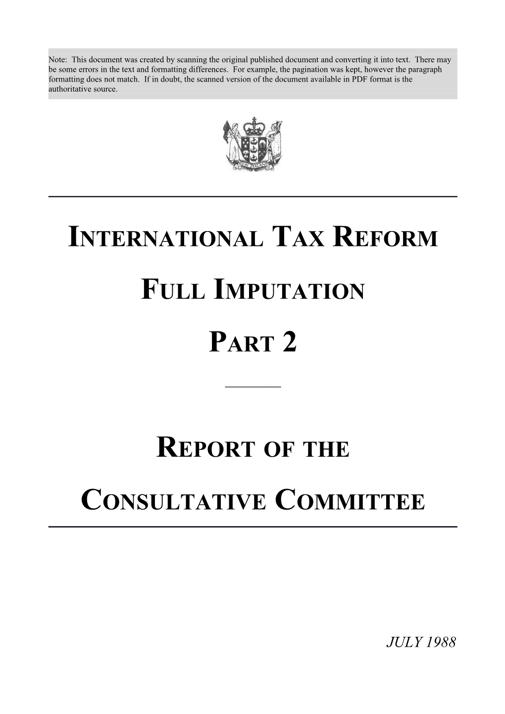 International Tax Reform - Full Imputation - Part 2 - Report of the Consultative Committee