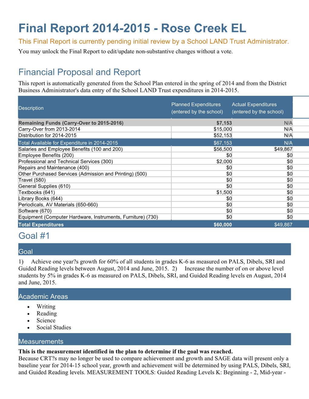 Final Report 2014-2015 - Rose Creek EL