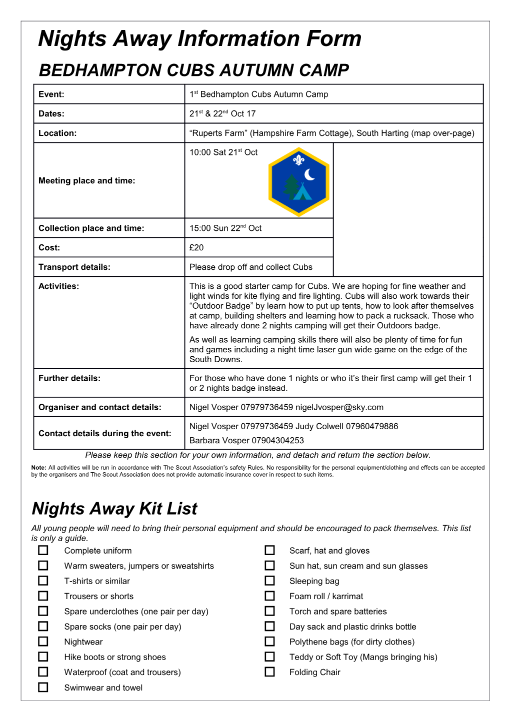 Nights Away Information Form