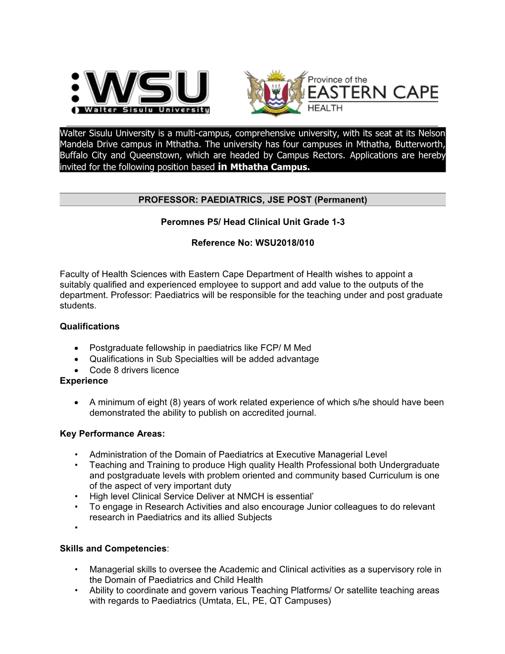 PROFESSOR: PAEDIATRICS, JSE POST (Permanent)