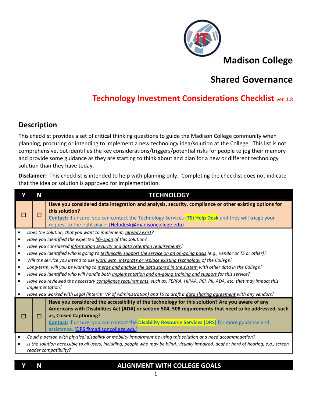 This Checklist Provides a Set of Critical Thinking Questions to Guide the Madison College