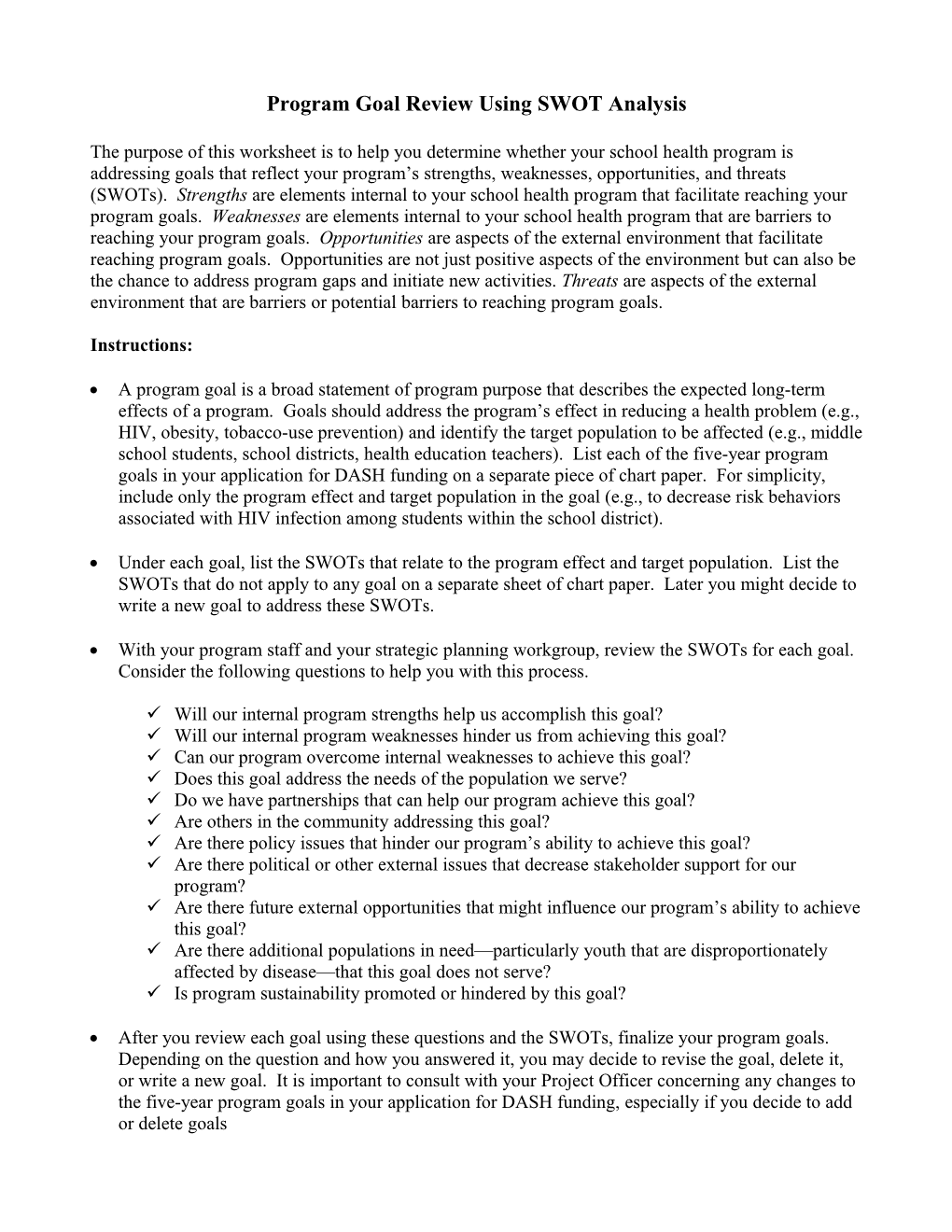 Program Goal Review Using SWOT Analysis