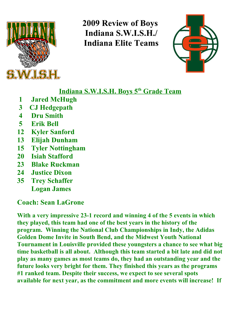 Indiana S.W.I.S.H. Boys 5Th Grade Team