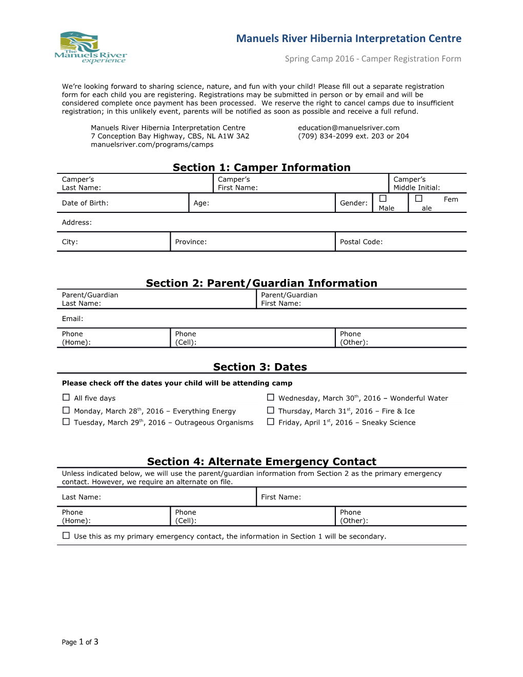 Spring Camp 2016 - Camper Registration Form