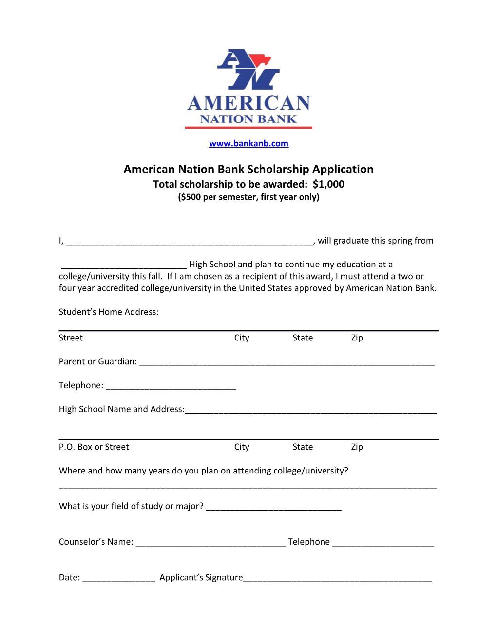 American Nation Bank Scholarship Application