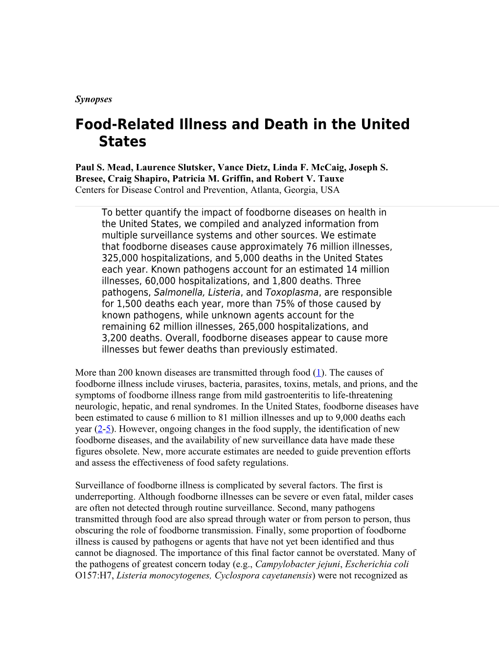 Food-Related Illness and Death in the United States