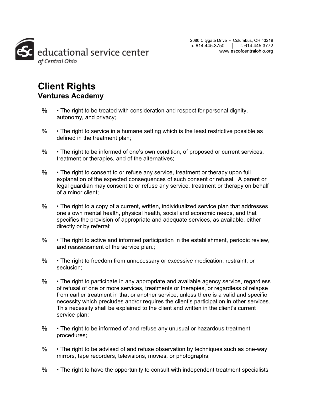 Ventures Academy Notice of Client Rights